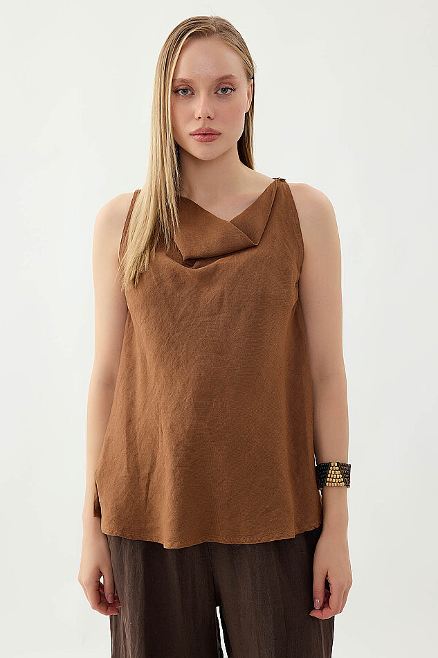 %100 Keten Tek Düğme Sıfır Kol Bluz - 29