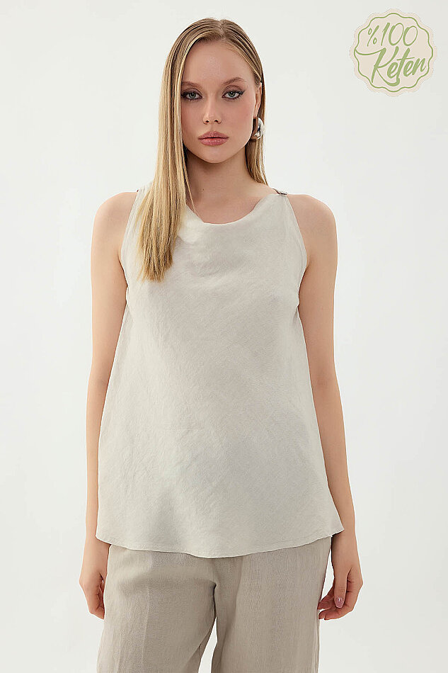 %100 Keten Tek Düğme Sıfır Kol Bluz - 31