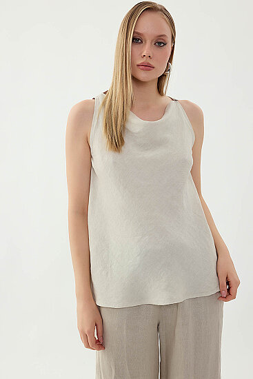 %100 Keten Tek Düğme Sıfır Kol Bluz - 32