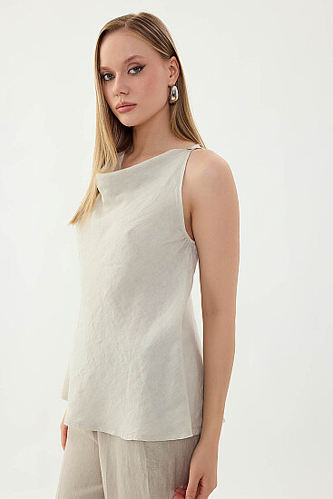 %100 Keten Tek Düğme Sıfır Kol Bluz - 33