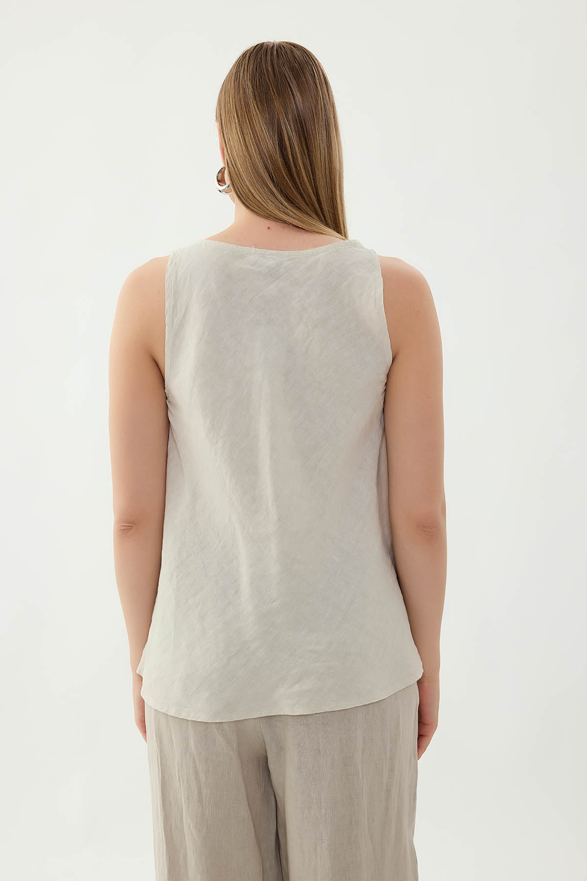 %100 Keten Tek Düğme Sıfır Kol Bluz - Thumbnail