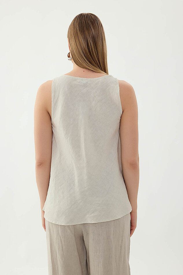 %100 Keten Tek Düğme Sıfır Kol Bluz - 35