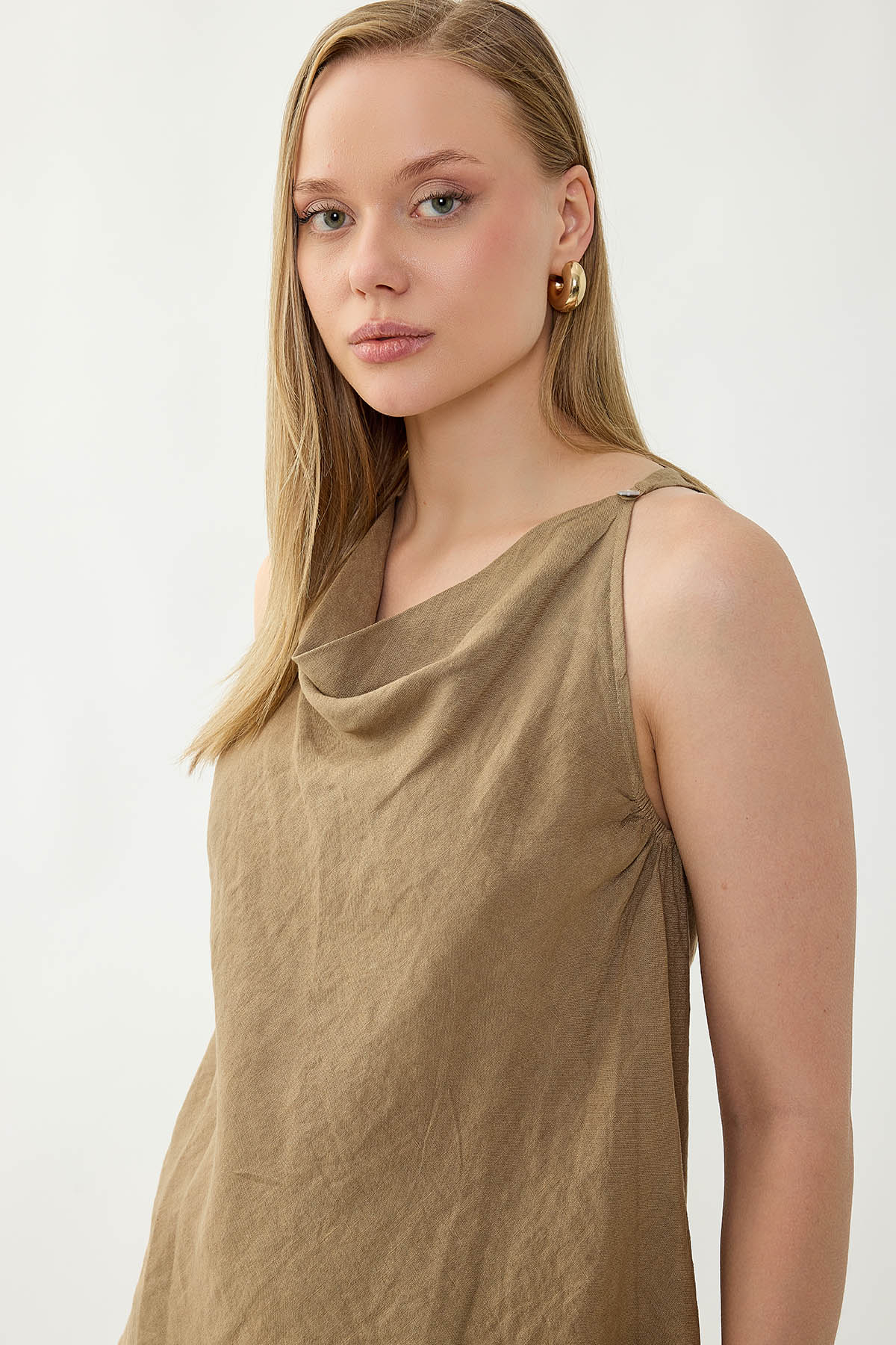 %100 Keten Tek Düğme Sıfır Kol Bluz - Thumbnail