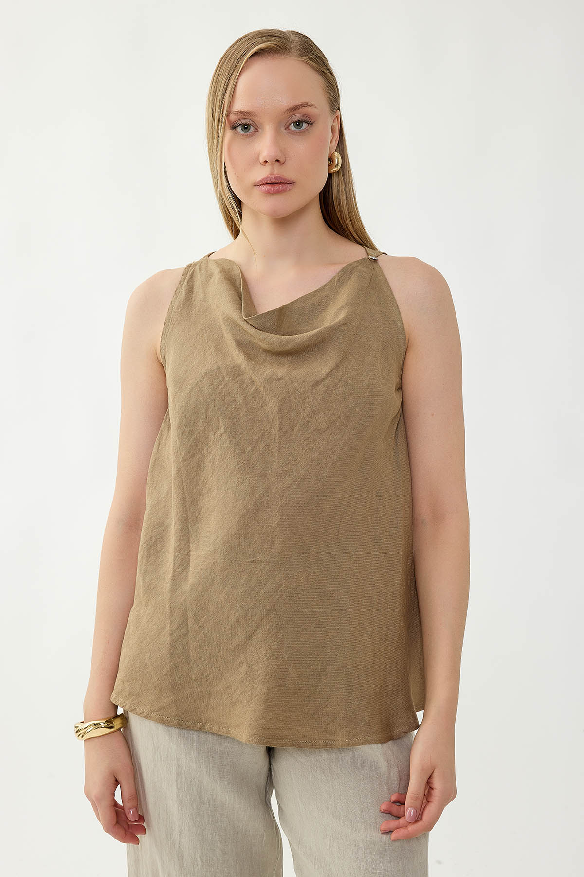 %100 Keten Tek Düğme Sıfır Kol Bluz - Thumbnail