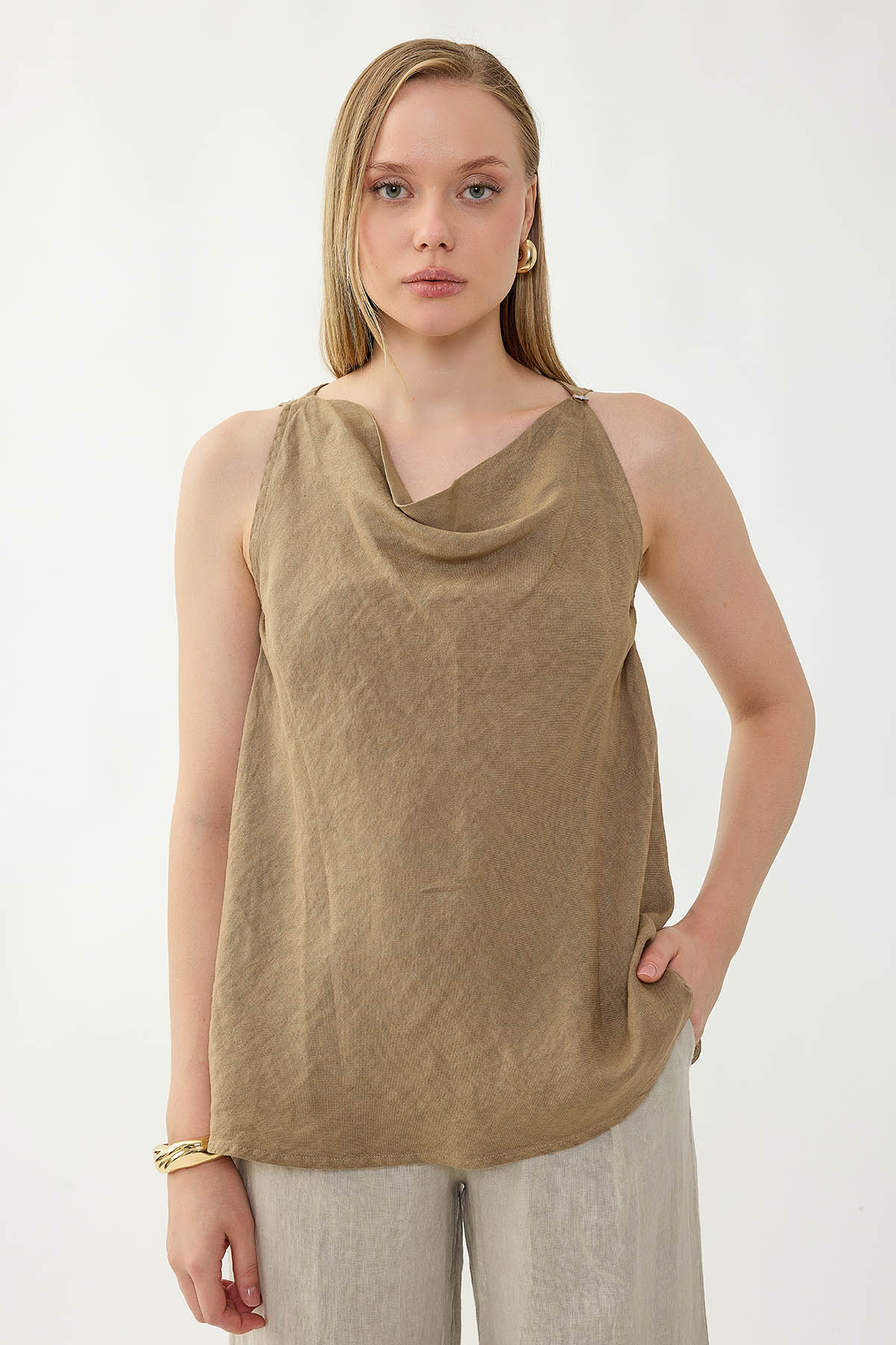 %100 Keten Tek Düğme Sıfır Kol Bluz - Thumbnail