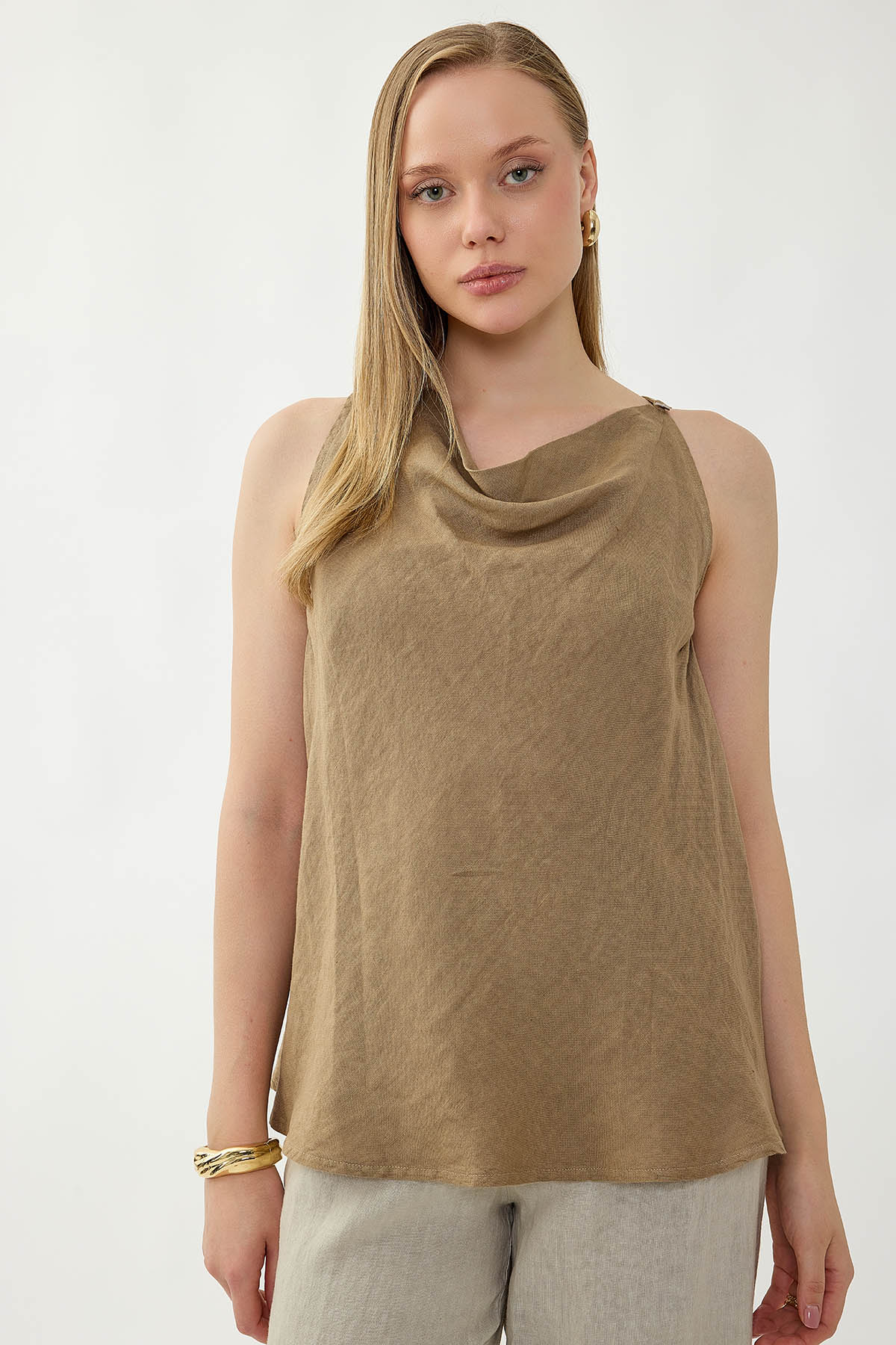 %100 Keten Tek Düğme Sıfır Kol Bluz - Thumbnail