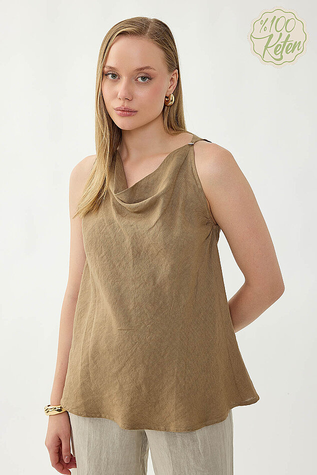 %100 Keten Tek Düğme Sıfır Kol Bluz - 36