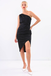 Tek Omuz Parlak Saten Elbise - 2