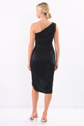 Tek Omuz Parlak Saten Elbise - 5