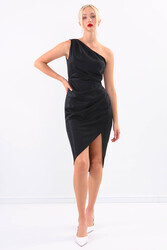 Tek Omuz Parlak Saten Elbise - 8