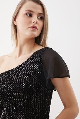 Tek Omuz Pul Payet Elbise - Thumbnail (4)