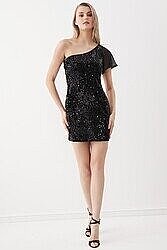 Tek Omuz Pul Payet Elbise - 7