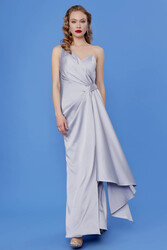 Tek Omuz Uzun Saten Elbise - 8