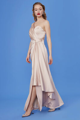 Tek Omuz Uzun Saten Elbise - 11