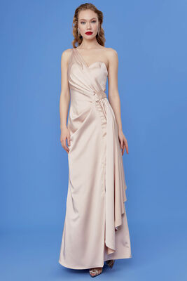 Tek Omuz Uzun Saten Elbise - 12