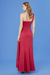 Tek Omuz Uzun Saten Elbise - 5