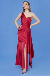 Tek Omuz Uzun Saten Elbise - 3