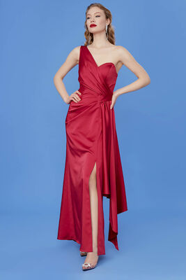 Tek Omuz Uzun Saten Elbise - 3