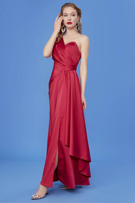 Tek Omuz Uzun Saten Elbise - 4