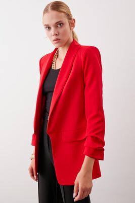 Uzun Yaka Detaylı Kol Büzgülü Blazer Ceket - 44