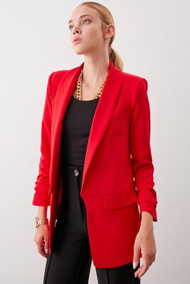 Uzun Yaka Detaylı Kol Büzgülü Blazer Ceket - 45