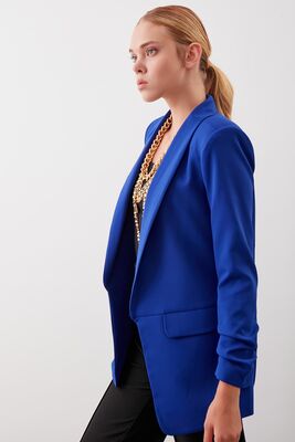 Uzun Yaka Detaylı Kol Büzgülü Blazer Ceket - 48