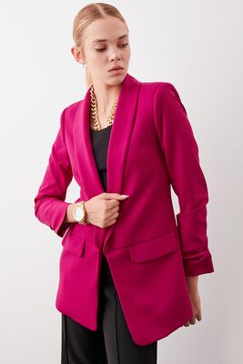Uzun Yaka Detaylı Kol Büzgülü Blazer Ceket - 56