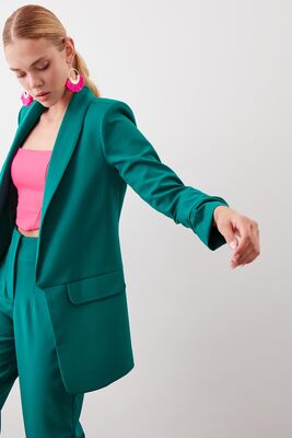 Uzun Yaka Detaylı Kol Büzgülü Blazer Ceket - 10