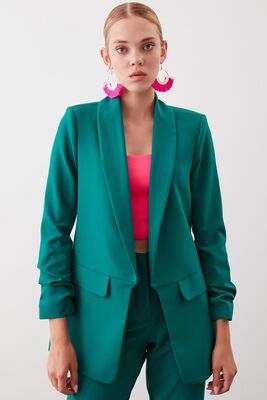 Uzun Yaka Detaylı Kol Büzgülü Blazer Ceket - 7