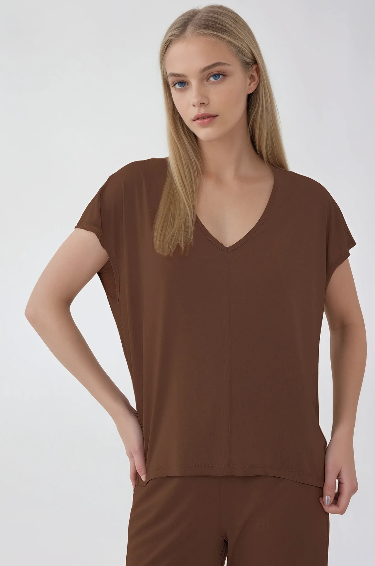 V Yaka Arkası Uzun Bluz - Thumbnail