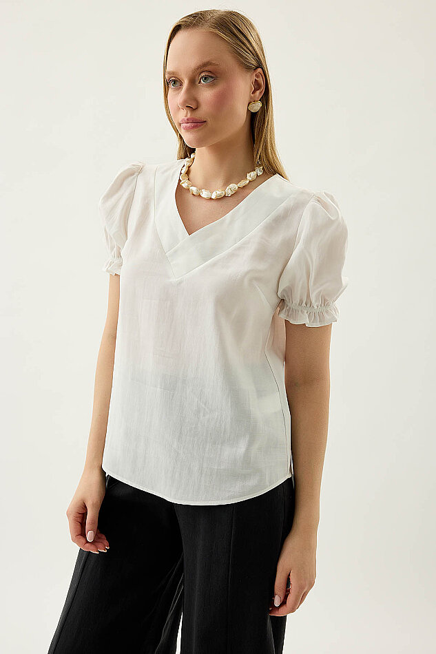 V Yaka Balon Kol Bluz - 2