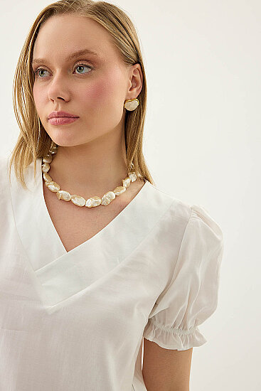 V Yaka Balon Kol Bluz - 3