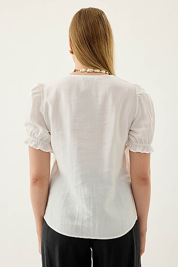 V Yaka Balon Kol Bluz - 4