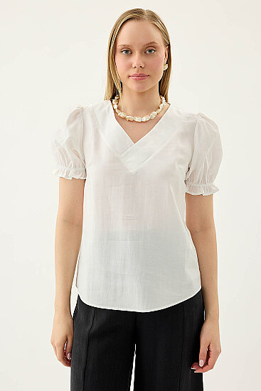 V Yaka Balon Kol Bluz - 5