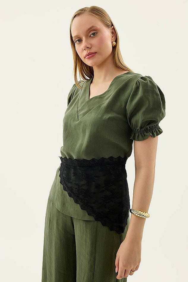 V Yaka Balon Kol Bluz - 11