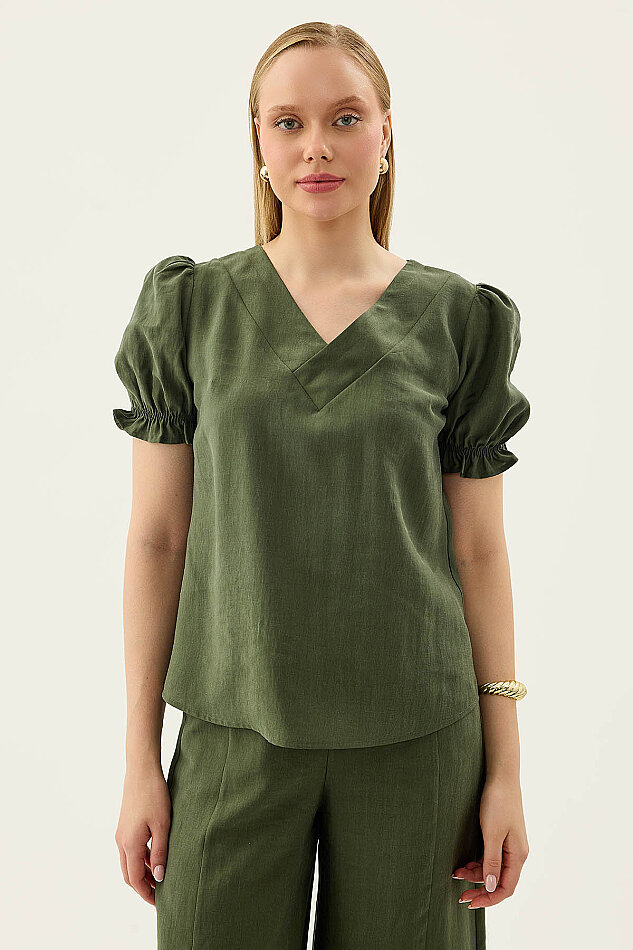 V Yaka Balon Kol Bluz - 6