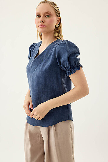 V Yaka Balon Kol Bluz - 15