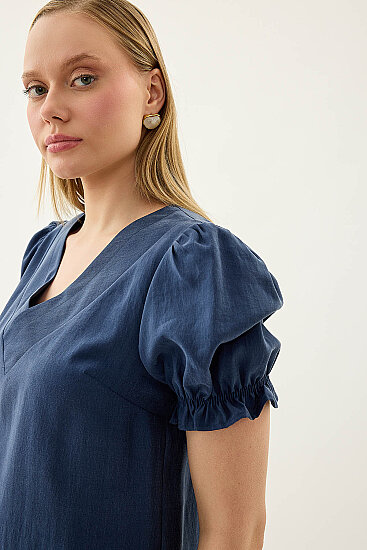 V Yaka Balon Kol Bluz - 16