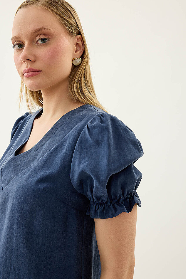 V Yaka Balon Kol Bluz - 16