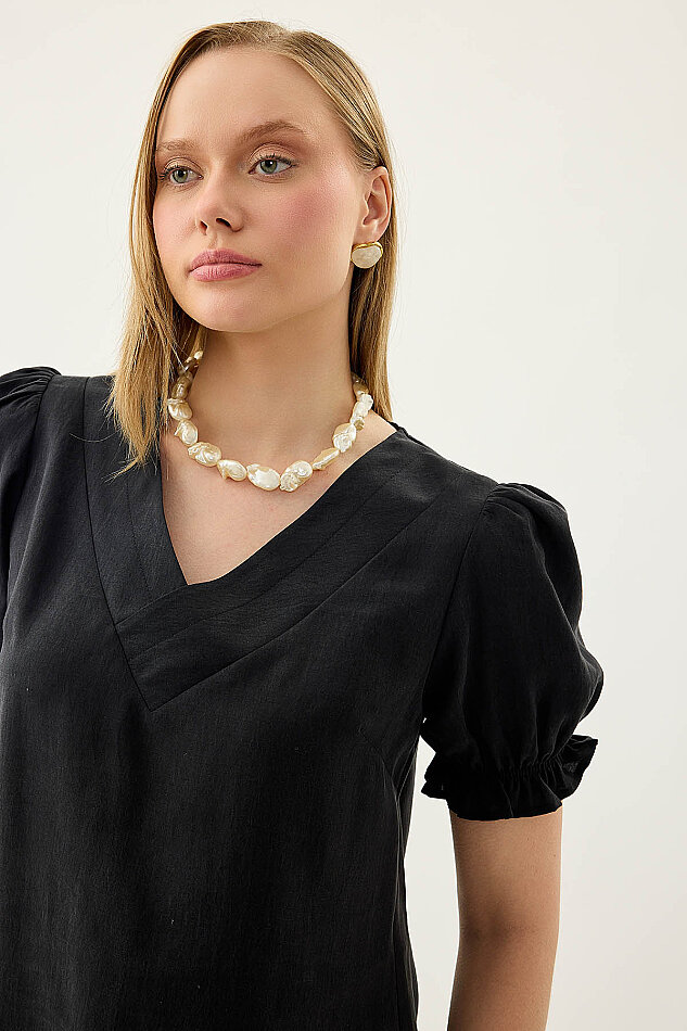 V Yaka Balon Kol Bluz - 21