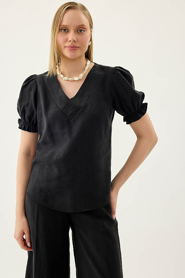 V Yaka Balon Kol Bluz - 18