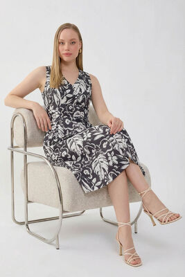 V Yaka Desenli Beli Kuşaklı Pileli Elbise (1)