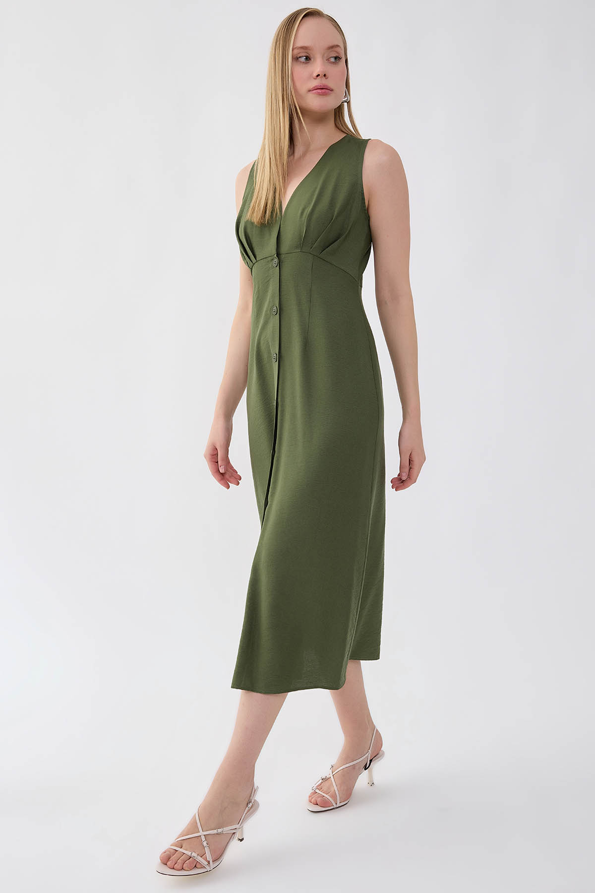 V Yaka Düğmeli Elbise - Thumbnail