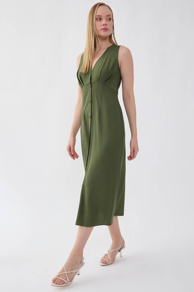 V Yaka Düğmeli Elbise - 2