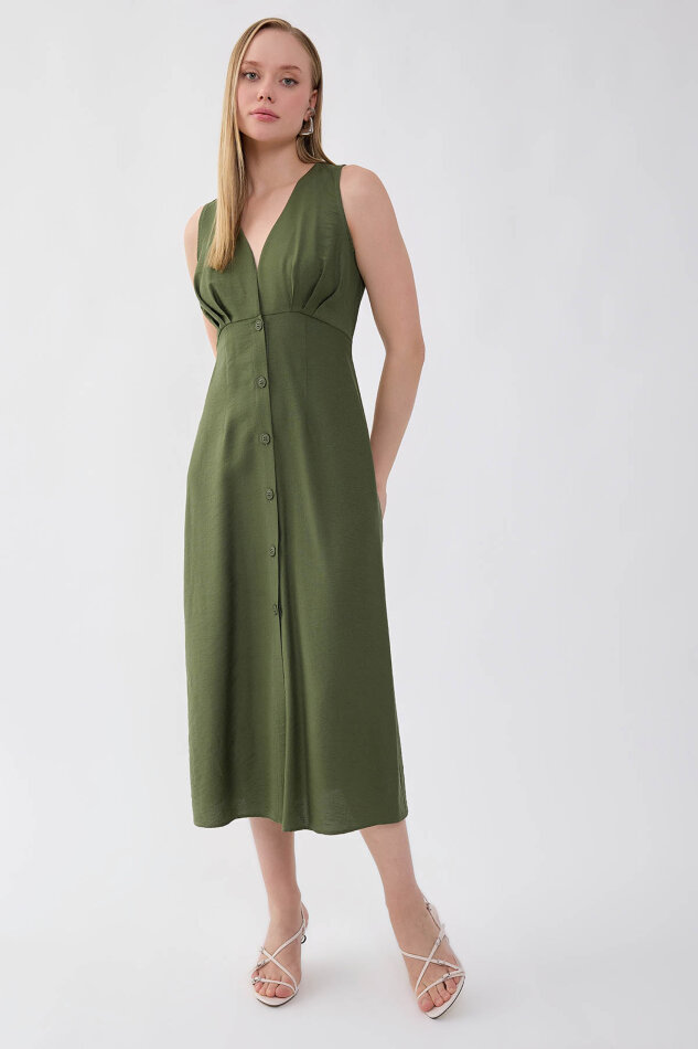 V Yaka Düğmeli Elbise - 3