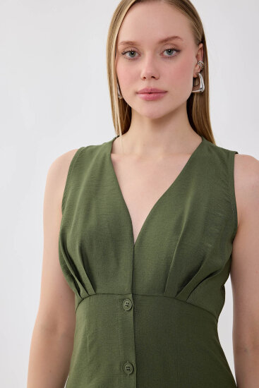 V Yaka Düğmeli Elbise - 4