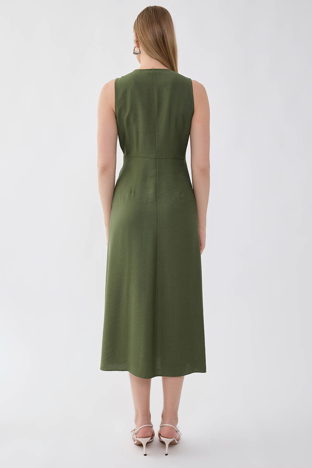 V Yaka Düğmeli Elbise - Thumbnail