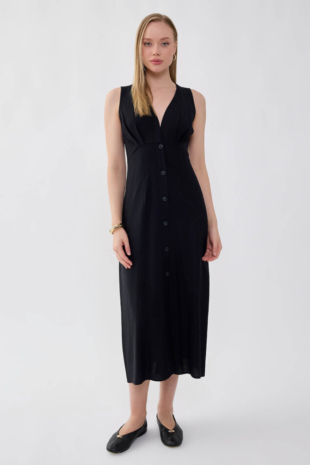 V Yaka Düğmeli Elbise - 6