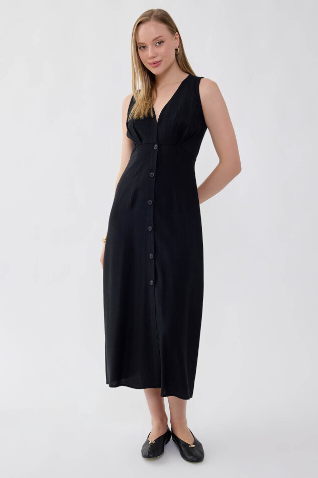 V Yaka Düğmeli Elbise - 8