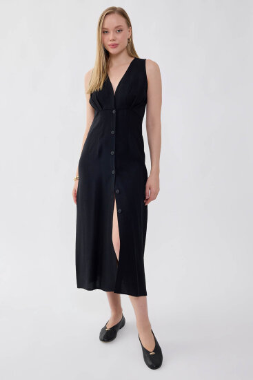 V Yaka Düğmeli Elbise - 11